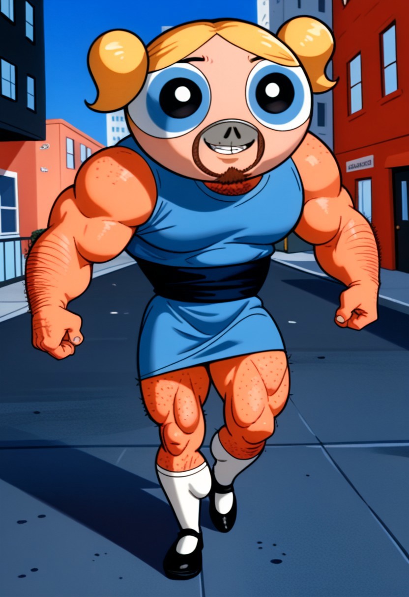 score_9, score_8_up, score_7_up, Solo, one character, front view, full body,
first  character, 1boy, adult, JohnFakeBubbles, hairy body, buff body, muscles, brown skin, unshaved beard, big oval-shaped mask, Bubblesmask, blonde hair in two pigtails, large eyes, sky blue eyes, small sky blue dress with a black-centered stripe, white tights, black Mary Janes shoes, smile