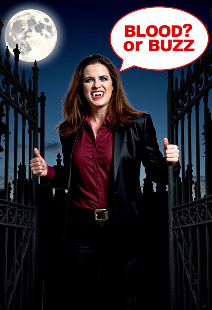 realistic picture, 45 years old vampire with tusks, vampire fangs teeth, pale, vampire. Bocking a gate leaving a graveyard. She has long hair, big tits, small waist, curvy, wide hips, high cheekbones, oval face, curvy, full hips, beautiful, supermodel, mature female, high collar, spooky atmosphere, clothes and appearance overly stereotypical, night, fool moon, The vampire has tusks. BREAK, There is a speak bubble above her head that says "BLOOD or BUZZ", written in a playful, rounded font, scary.