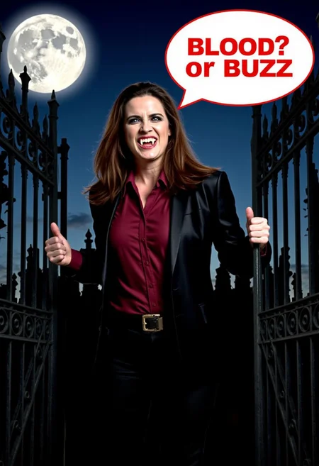 realistic picture, 45 years old vampire with tusks, vampire fangs teeth, pale, vampire. Bocking a gate leaving a graveyard. She has long hair, big tits, small waist, curvy, wide hips, high cheekbones, oval face, curvy, full hips, beautiful, supermodel, mature female, high collar, spooky atmosphere, clothes and appearance overly stereotypical, night, fool moon, The vampire has tusks. BREAK, There is a speak bubble above her head that says "BLOOD or BUZZ", written in a playful, rounded font, scary.