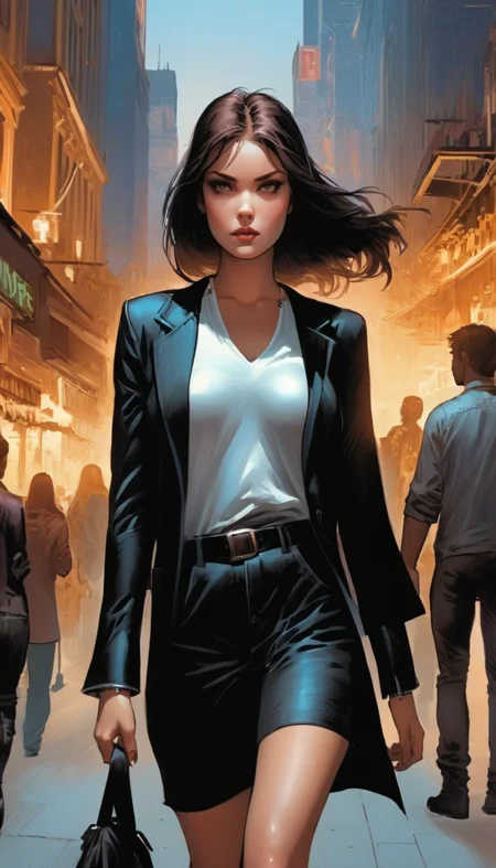 Woman walking thorough the city, cityscape, crowd, cinematic scene, hero view, extremely beautiful piercing eyes, scenery, detailed background, masterpiece, best quality, high quality, highres, absurdres, very detailed, high resolution, sharp, sharp image, 8k, vivid, colorful, Mike Deodato <lora:mike_deodato_xl_v1:1>