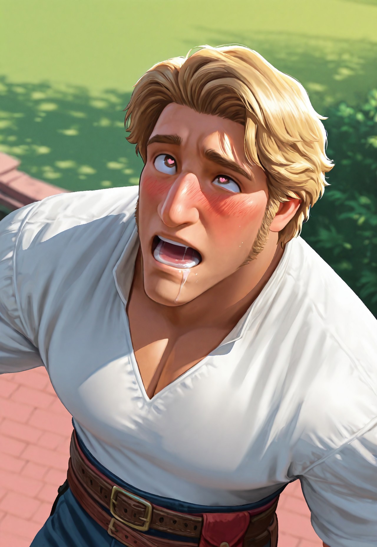 masterpiece, best quality, amazing quality, detailed background, intricate details, park, dynamic, cinematic, animated, anime realistic shading, solo, male focus, 1boy, handsome, j4c0b, blonde hair, brown eyes, heart shaped pupils, sideburns, long sideburns, muscular male, upper body, white shirt, belt, belts, blue pants, (ikigao), blushing, eye roll, open mouth, saliva, drool, from above, abstract background