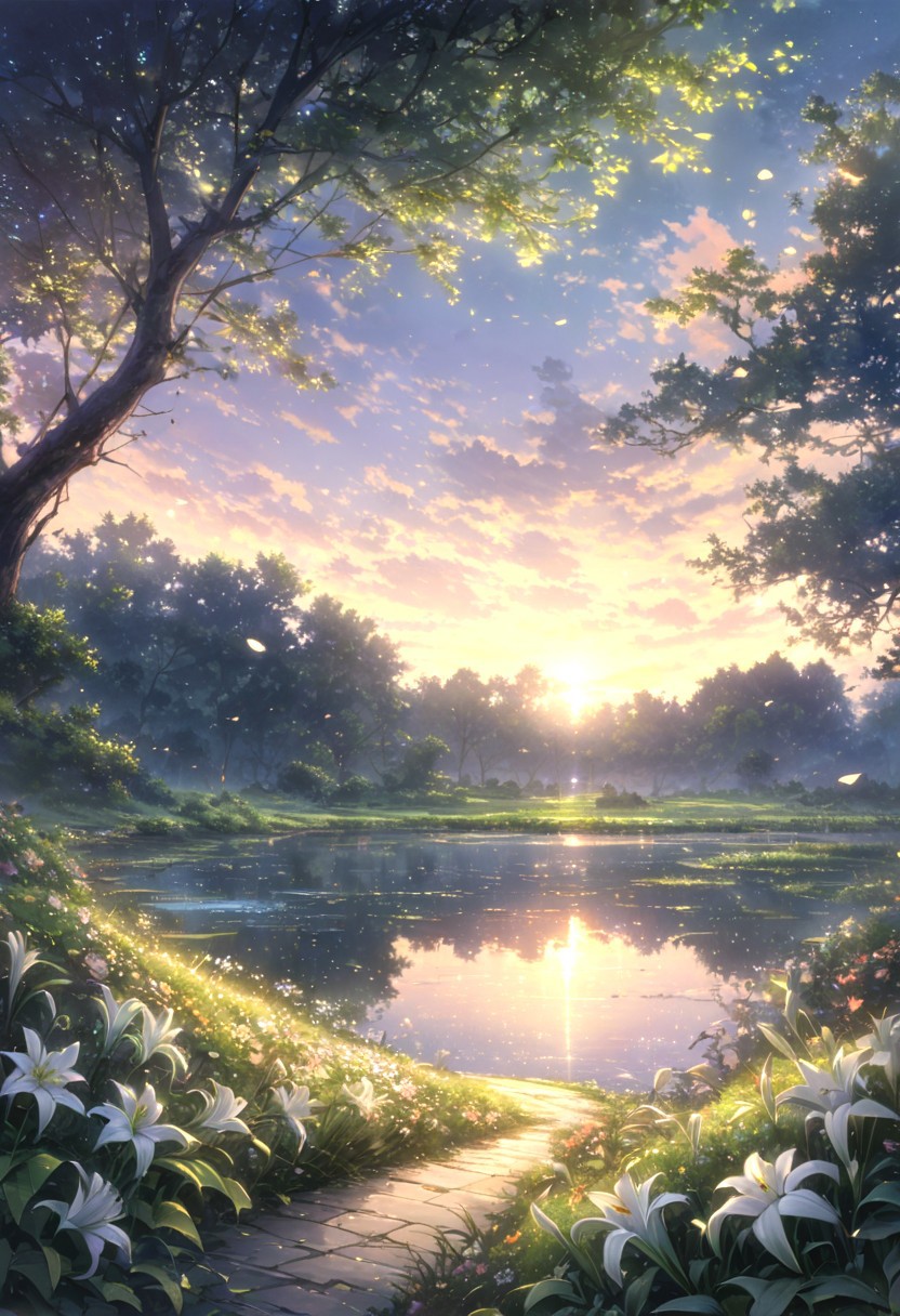 detailed background,( Calm spring night landscape), amongst lush greenery, beautiful view, lily flower in full bloom, lily flower, early morning, sunrise sky, beautiful clouds, dappled sunlight, beautiful, Tranquil Lake, Walkway, petals dancing in the wind, depth of field, masterpiece, best quality, ultra-detailed, very aesthetic, illustration, perfect composition, intricate details, absurdres, moody lighting, wisps of light, no humans,