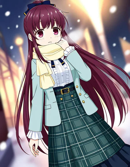 masterpiece, best quality, newest, absurdres, highres, safe, 1girl, amane tsukuyo \(winter costume\), magia record: mahou shoujo madoka magica gaiden, long skirt, solo, snowing, outdoors, dutch angle, <lora:amane_tsukuyo_noobaiXLNAIXL_vPred10Version:0.7>