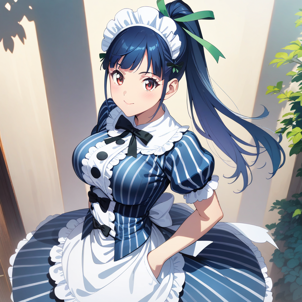 ami_tsuruga, red eyes, blue hair, ponytail, long hair, large breasts, maid uniform, striped outfit, blue outfit, cowboy shot, 1girl, solo, portrait, <lora:XL-AmiTsuruga:1>, (masterpiece),(best quality),(ultra-detailed),(best illustration),(best shadow),(absurdres),(detailed background),(very aesthetic),