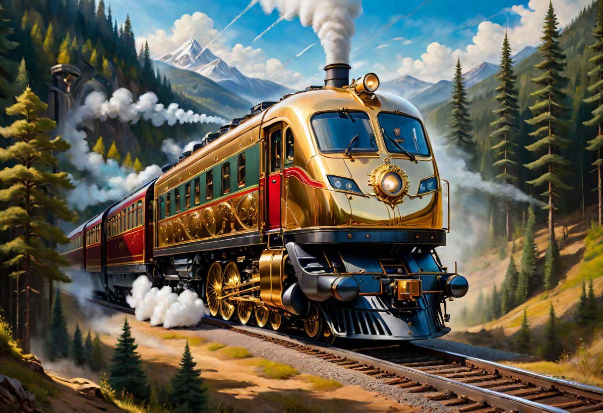 (intricate details, masterpiece, best quality:1.4) , ((Anna Karenina is waiting for a train, a train traveling along railway tracks in the mountains next to a forest, a painting in the style of fine art, golden steam locomotives, a masterpiece, a smooth streamlined line)), futuristic style, elegant, modern, ultramodern, detailed, (steampunk (high-tech aircraft, wings spread, on long+++ legs), light in the portholes,