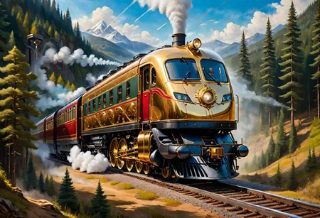 (intricate details, masterpiece, best quality:1.4) , ((Anna Karenina is waiting for a train, a train traveling along railway tracks in the mountains next to a forest, a painting in the style of fine art, golden steam locomotives, a masterpiece, a smooth streamlined line)), futuristic style, elegant, modern, ultramodern, detailed, (steampunk (high-tech aircraft, wings spread, on long+++ legs), light in the portholes,