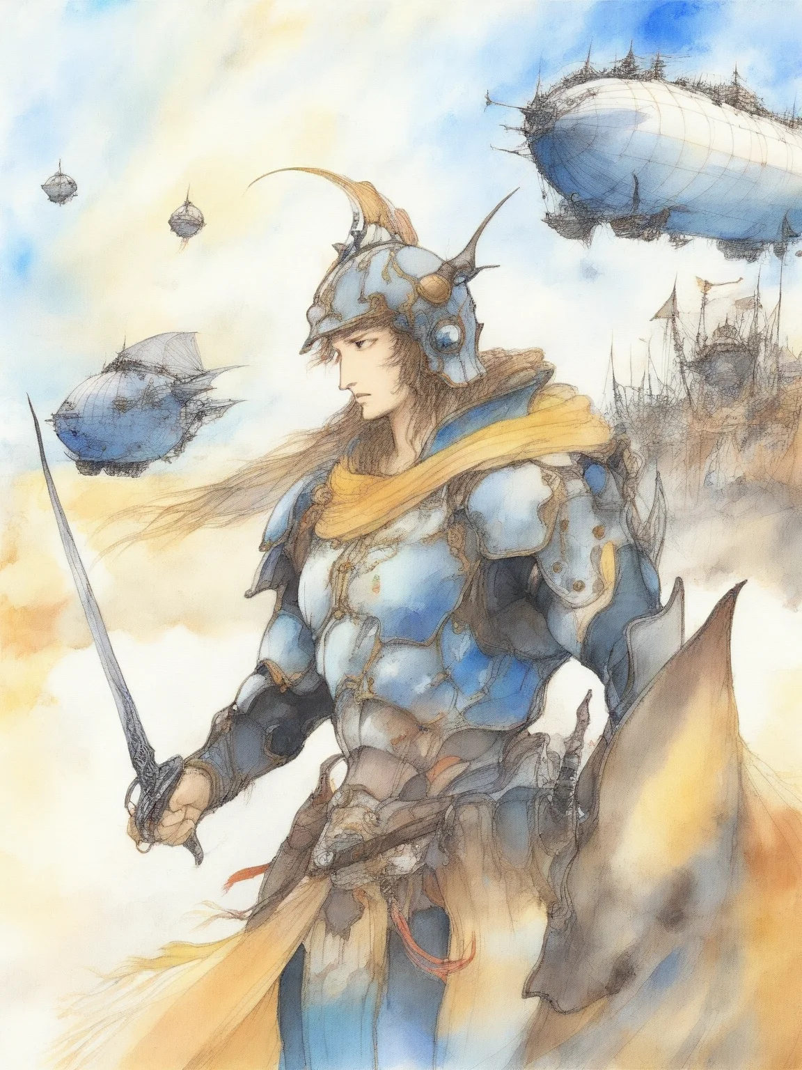 by amano yoshitaka, Warrior , armor , helmet , weapon, heroic , battlefield , shiny , airship, traditional media , watercolour, fantasy illustration , soft colors , final fantasy , the warrior of light from final fantasy <lora:amano_yoshitaka_xl:1>