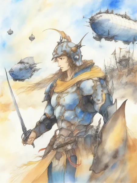 by amano yoshitaka, Warrior , armor , helmet , weapon, heroic , battlefield , shiny , airship, traditional media , watercolour, fantasy illustration , soft colors , final fantasy , the warrior of light from final fantasy <lora:amano_yoshitaka_xl:1>
