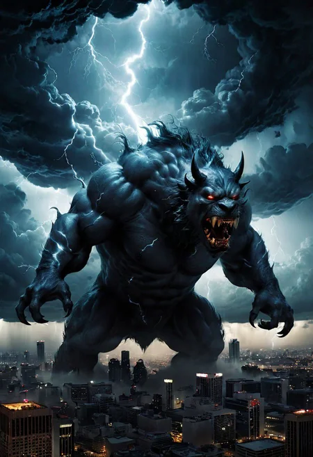 black clouds, rain, lightening, dark, night, ( beast appears from the rolling cloud), The beasts looks down as he towers above the city below, DEVIL SPAWN