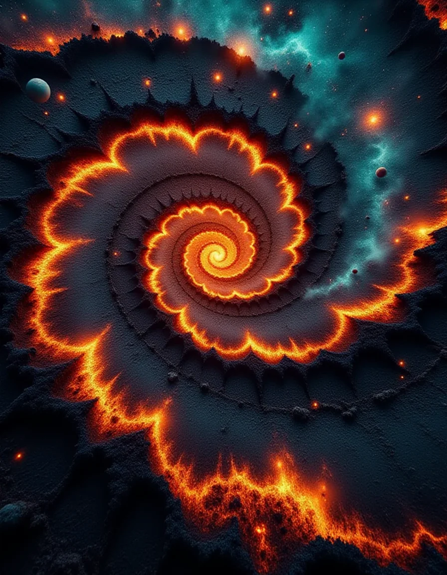 An entire universe is rendered as a single burned patch spiraling infinitely outward. Galaxies, planets, and stars are scorched into the ground, their intricate details glowing faintly with surreal colors like ultraviolet, teal, and fiery orange. The spiralâs edges trail off into smaller fractals, each containing mini-universes within, while the central core pulses with energy, bending light and time in a dazzling display of colors and ash.
<lora:ral-brndptch_000002000:1>
