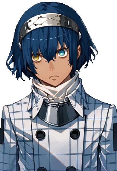 score_9, score_8_up, score_7_up, source_anime, 1boy, solo, expressionless
<lora:zs_DevilSurvivorPortraitsXL:1> devilsurvivorportraits, portraits, white background
<lora:ProtagonistMR-pdxl:1> protagonistMR, short hair, hair between eyes, hairband, heterochromia, yellow eyes, blue eyes, dark skin, plaid coat, collared jacket,