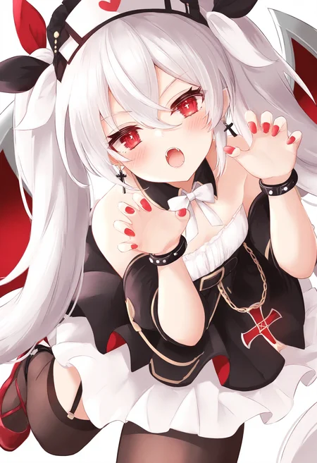 1girl, vampire \(little devil in white\) \(azur lane\), vampire \(azur lane\), 
solo, white background, simple background, earrings, standing, vampire, very awa hime, grey hair, blush, frilled dress, cross earrings, black bracelet, looking at viewer, black dress, claw pose, :o, fangs, standing on one leg, detached collar, official alternate costume, cowboy shot, red footwear, ribbon, iron blood \(emblem\), white hair, bow, black garter straps, dress, garter straps, long hair, white bow, two-tone ribbon, frills, twintails, red eyes, thighhighs, collarbone, bracelet, black thighhighs, white headwear, jewelry,
masterpiece, best quality, newest, absurdres, highres, safe
 <lora:flash1_noob1.1-000072:1>
