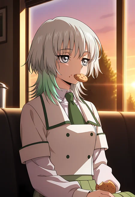 masterpiece,best quality,amazing quality,
1girl, solo,
Suzune Rokuoin (Cardfight Vanguard), green hair, grey hair, multicolored hair, medium hair, grey eyes,
white jacket, white shirt, collared shirt, buttons, green necktie, green skirt, short over long sleeves, layered sleeves, pleated skirt, long skirt,
Eating cookies,
cinematic, upper body,
Sit, sitting, cafe, afternoon, sunset,
Lens flare, bloom,
Official style, anime screencap, anime coloring,