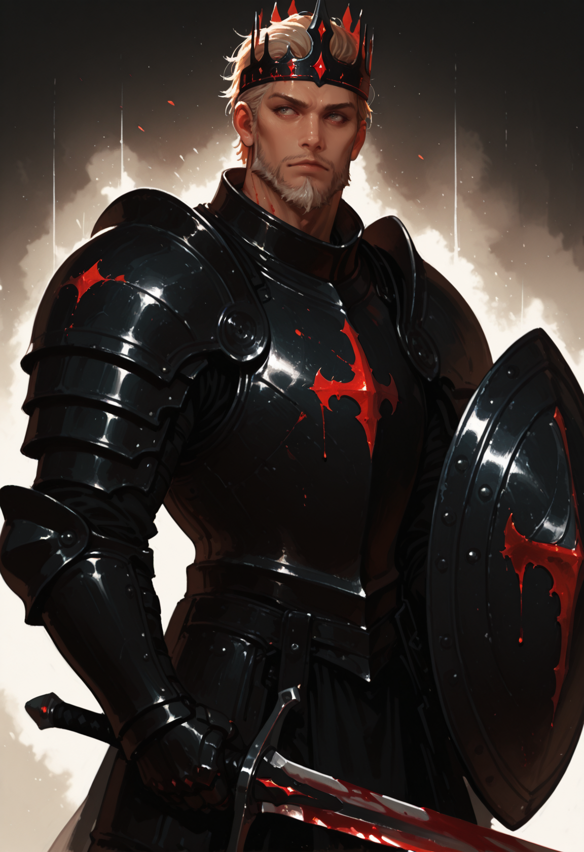 1boy, weapon, male focus, black armor, shield, sword, facial hair, blonde hair, solo, beard, blood, gauntlets, holding weapon, headband_crown, hair slicked back, 
Targaryen_crest, manly, short hair, red_trim, platinum blonde hair, masterwork, masterpiece, best quality, , dynamic pose,,  dynamic angle, , , (realistic:1.2), (lineless:1.2), detailed, <lora:Detailer_NoobAI_Incrs_v1:0.75>, , aged up, adult, depth of field, , blurry, cheekbones, dynamic lighting