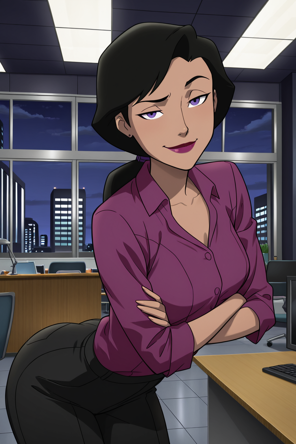 ((parody), perfect anatomy, perfect eyes, cowboy shot, facing viewer) BREAK <lora:LoisLaneDCAMU:1> lois lane, black hair, ponytail, purple eyes, lipstick, sultry eyes, naughty face, smug, raised eyebrow, ((looking at viewer)), purple shirt, black pants, arched back, model pose, teasing viewer, seducing viewer, crossed arms, luxurious office, desk, newsroom, night, indoors