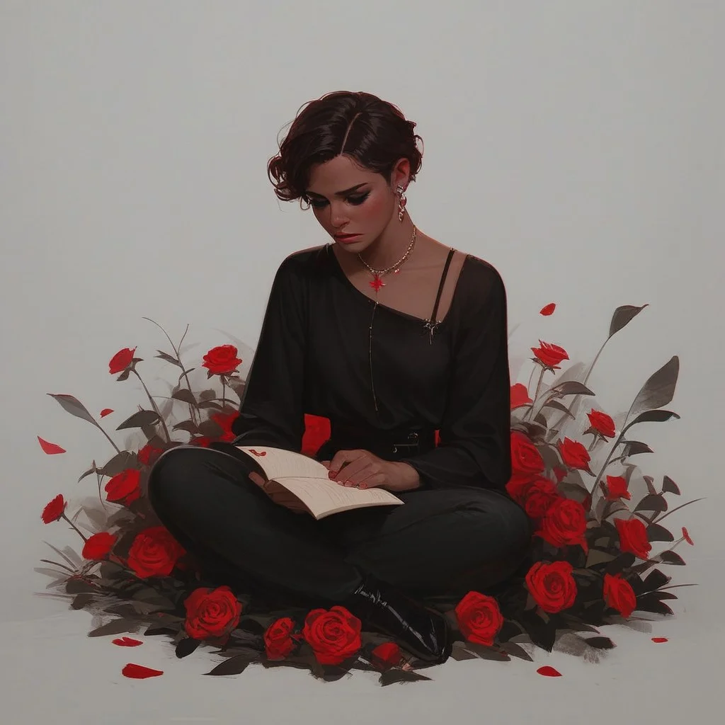 score_9, score_8_up, score_7_up, full body picture, one woman, melancholy picture of a pretty young woman mourning her lost love, reading a love letter,
(twilight), melancholic mood, a field of red roses in the background, red and pink colors,