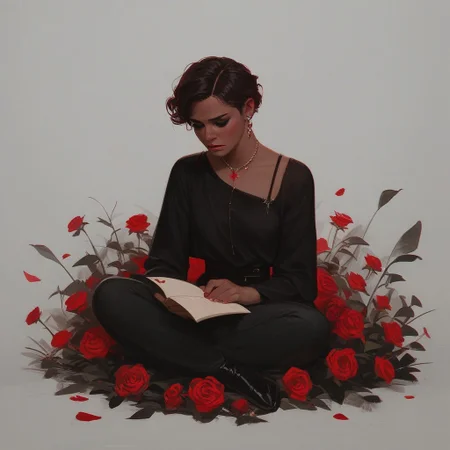 score_9, score_8_up, score_7_up, full body picture, one woman, melancholy picture of a pretty young woman mourning her lost love, reading a love letter,
(twilight), melancholic mood, a field of red roses in the background, red and pink colors,