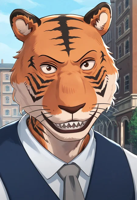 score_9_up, score_8_up, score_7_up, masterpiece, best quality, amazing quality, very aesthetic, absurdres, newest, high quality, detailed, BillBeastars, 1boy, male, anthro, bengal tiger, broad shoulders, brown eyes, muscular male, athletic build, orange fur, black stripes, sharp teeth, blue vest, gray tie, white long sleeve shirt, gray striped pants, smile, looking at viewer, half-body, courtyard background, outdoors, campus, detailed background