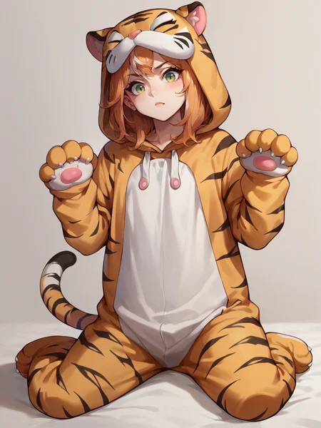 score_9, score_8_up, score_7_up, score_6_up, score_5_up, <lora:KittyonesieXLP2:0.7> kitty onesie, animal costume, hood, tail, solo, 1girl, tiger print, cat costume,
