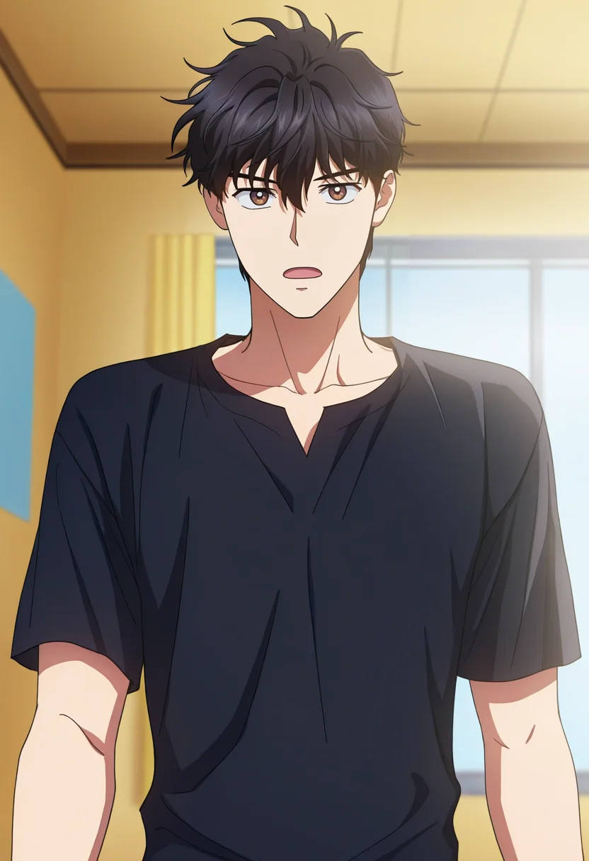 masterpiece, best quality, amazing quality,high resolution, intricate details,official style,depth of field,anime coloring,anime screencap , , , 1boy, solo, male focus, <lora:han_yoohyun:0.95>,han yoohyun,black hair,brown eyes,short hair,looking at viewer, open mouth, shirt, upper body, t-shirt, indoors, black shirt, window