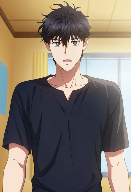 masterpiece, best quality, amazing quality,high resolution, intricate details,official style,depth of field,anime coloring,anime screencap , , , 1boy, solo, male focus, <lora:han_yoohyun:0.95>,han yoohyun,black hair,brown eyes,short hair,looking at viewer, open mouth, shirt, upper body, t-shirt, indoors, black shirt, window