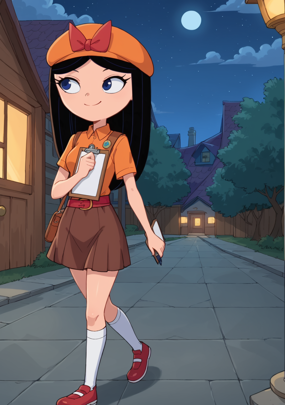 score_9, score_8_up, score_7_up, BREAK, masterpiece, highres, Isabellapony, 1girl, solo, black hair, long hair, hips,  medium breasts, smile, blue eyes, red belt, brown skirt, white undershirt, orange shirt, shoulder sash, multiple badges, orange beret, red bows,  night, smile, holding  clipboard (looking at clipboard), holding pen, sidewalk, treehouse, leaning back, white socks, kneesocks, red  footwear, cowboy shot, walking, close up <lora:isabella_garcia-shapiro:0.9>