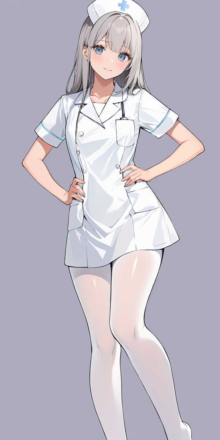masterpiece,ultra-detailed,best quality,8K,illustration,cute face,clean skin ,shiny hair,girl,ultra-detailed-eyes,simple background, <lora:add-detail-xl:1> <lora:nurse_XL_V1.0:0.8> nurse,  nurse cap,pantyhose