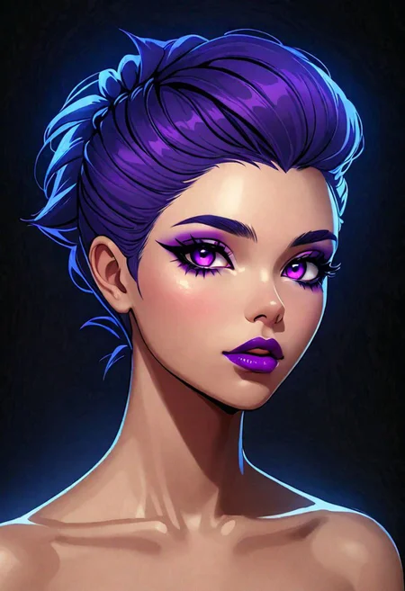 neo noir style portrait of a beautiful woman painted on wall with light, stunning beauty, soft light, pastel colors ,black and purple hair, dark punk, heavy makeup, line art, postmodernism, neo noir, simple background, glowing lips, lips closed, light smile, masterpiece, natural style, braided mohawk,, realistic and detailed eyes, beautiful eyes, amazing eyes,kawaii makeup dark makeup, nerd, red glowing lips, bangs,