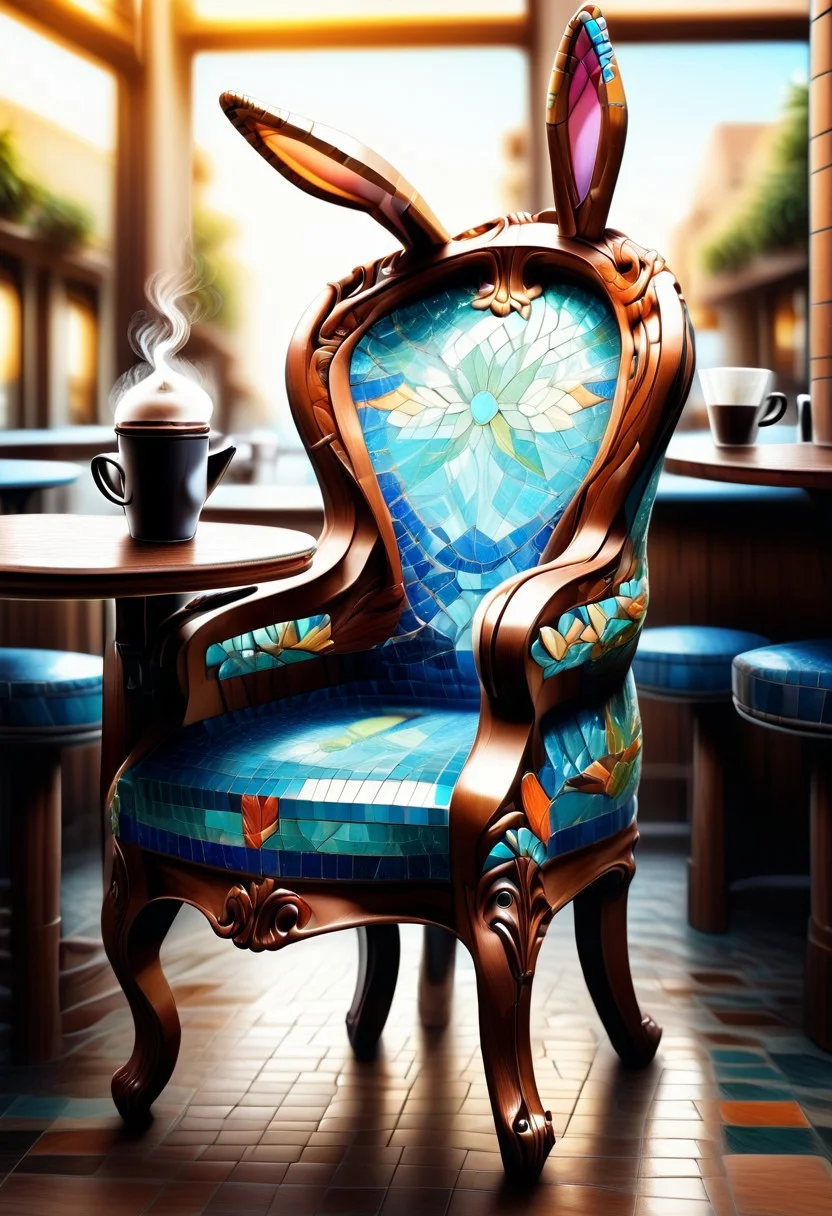 a cute little bunny wearing suit sitting in chair, drinking coffee, outdoor cafe, bokeh, detailed, side view, full body view