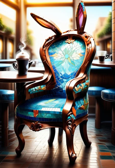 a cute little bunny wearing suit sitting in chair, drinking coffee, outdoor cafe, bokeh, detailed, side view, full body view