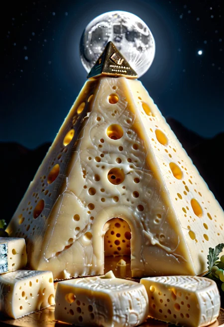 lazypos, Cheese style, (moon made of white cheese,:1.5) glowing, illuminating, night sky, (below moon gold pyramid made of metalic gold cheese:1.5),