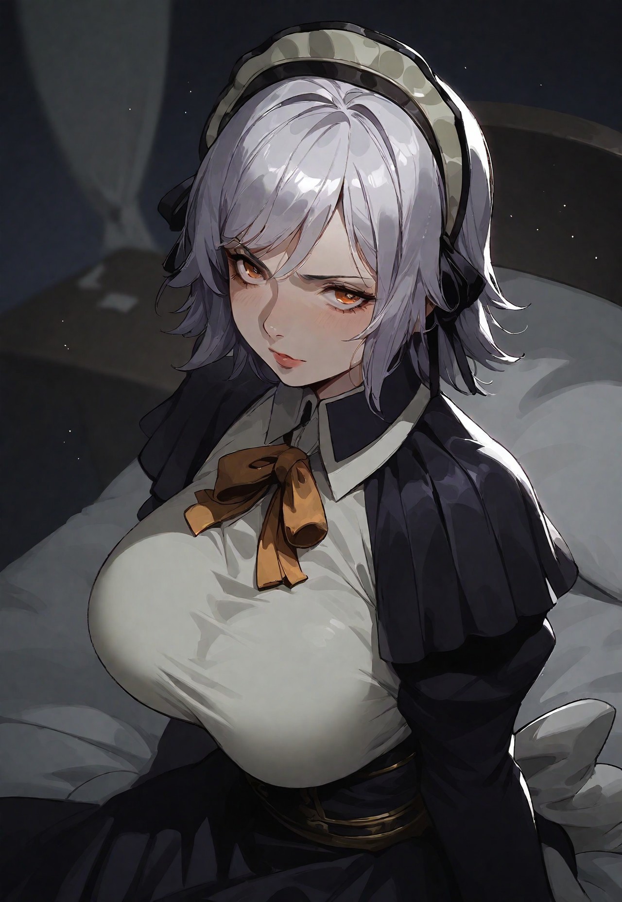 safe_pos, score_9, score_8_up, score_7_up, score_6_up, source_anime. zPDXL3, 1girl, solo, Emma, First generation maid clothes, First generation maid headdress, sitting on bed, night