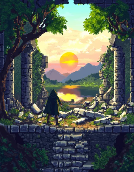 (ruins, broken, summer, dappled sunlight:1.2), sun, tree, forest, scenery, rock, reflection, water, ancient, overgrown, mountains, sunset, clouds, mountainous horizon, fantasy, medieval, 1other, looking away, cloak, (pixel art, pixelated:1.2), (masterpiece, exceptional, best aesthetic, best quality, masterpiece, extremely detailed:1.2), in the style of umempart