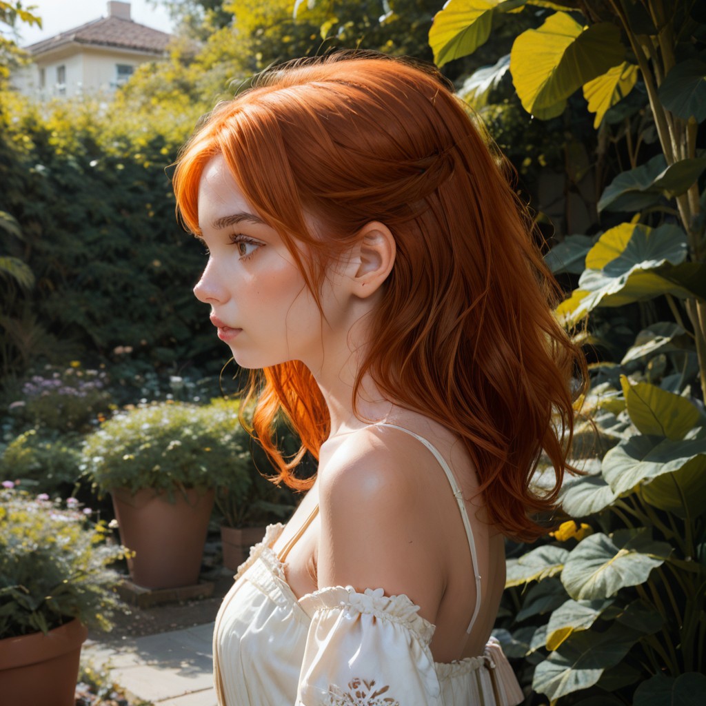 Upper body side profile photo of Amber_nobody, a 24 year Caucasian woman with orange Ginger hair and blue eyes. She is sitting in the garden, looking down