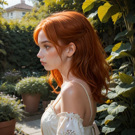 Upper body side profile photo of Amber_nobody, a 24 year Caucasian woman with orange Ginger hair and blue eyes. She is sitting in the garden, looking down