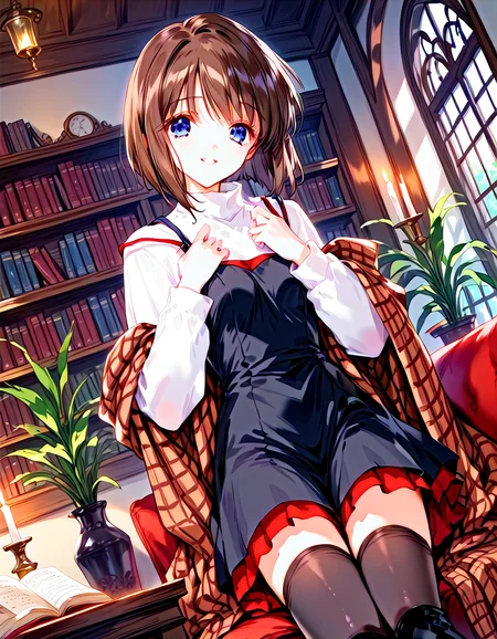 [MugenMaluMix is merged by motimalu, Shining Dream is merged by eliont, Epona_Mix is  merged by k4gtuTi:100], [zPDXLxxx::0.6], score_9, score_8_up, score_7_up, rating_questionable, source_anime, best quality, masterpiece, dreamy watercolor, depth of field, fcx, fyx, phc, yuh, very aesthetic, absurdres, retro style, depth of field, <lora:Expressive_H-000001:0.4>, Expressiveh, <lora:flat_sdxl:-0.8>, <lora:pony_good_hands:0.2>, good_hands, <lora:Mixed_ArtstyleV2:0.36>, [this lora is made by MaiiaM:100], <lora:iris_size_control2_pony_02:0.4>, <lora:detail_eyes-000019:0.2>, [this lora made by sadsilly:100], detail1eye, <lora:PE_AnimeBG:0.6>, PE_AnimeBG, anime, 1girl, long eyelashes, ultra detailed eyes, beautiful eyes, bright eyes, faint lips BREAK folded, smile, closed eyes, blurry background, book, bookshelf, candle, cork, corked bottle, couch, fantasy, indoors, lantern, open book, plant, potted plant, table, vials, window, chemical_structure, laboratory, herb, alchemy, cowboyshot, (three quarter view:0, (from below:0.6), (dutch angle:0) BREAK <lora:misaka-shiori-xl-04:1>, misaka shiori, brown hair, short hair, blue eyes, small breasts, black dress over white turtleneck, brown plaid shawl, black stockings, black boots