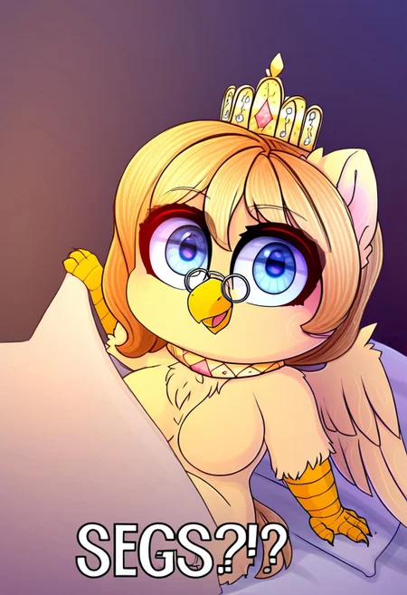 solo, gloria_vi, kaiserin, griffon, griffon oc, avian, beak, feral, female, long blonde hair, (beautiful detailed blue eyes), feathers, fluffy ears, wings, small round glasses, crown, big breasts, thick thighs, wide hips, bedroom, bed, Seggs, open mouth, smile, english text, chibi