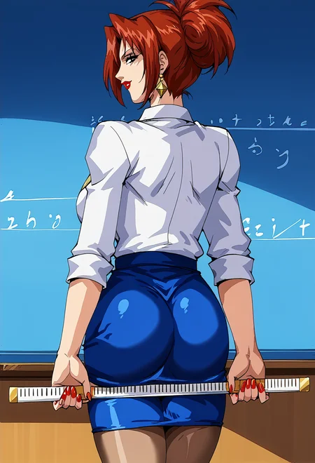 score_9, score_8_up, score_7_up,  <lora:hheroes:1> hh3r03s, 
   <lora:r4g4w4:1> r4g4w4, 1girl,teacher outfit,pencil skirt, <lora:ass_support_object_v0.1-pony:1> ass support,holding ruler, looking at viewer