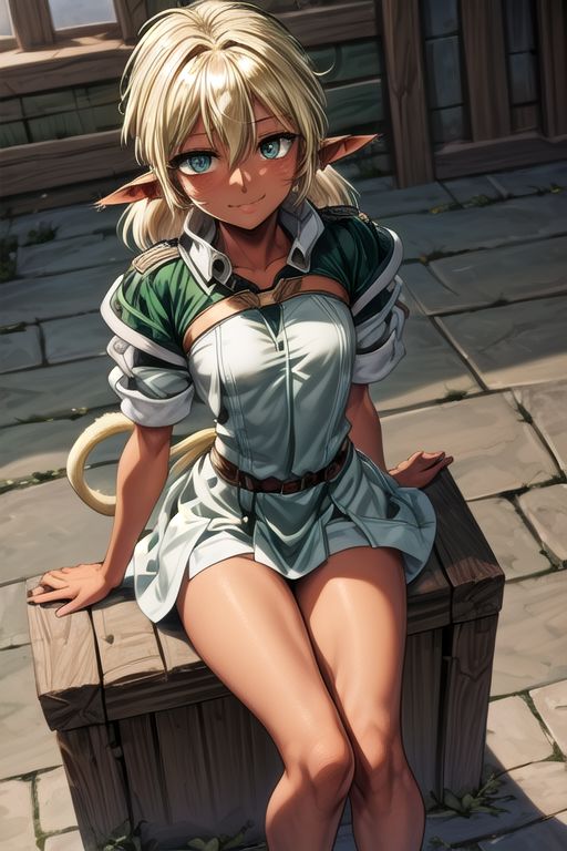best quality, ultra-detailed, (1girl, solo,fam, blonde hair, (green eyes:1.5), pointy ears, Small breasts, dark skin, dark-skinned female, elf, long pointy ears, tail, Brutal smile, Narrow eyes), tutu skirt, ng_deepnegative_v1_75t, easynegative