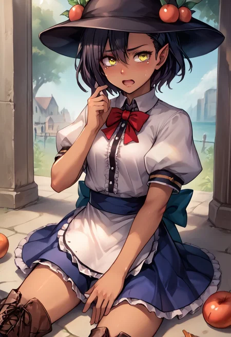score_9, score_8_up, score_7_up, score_6_up, score_5_up, score_4_up, source_anime, , (best quality) , (highly detailed) , (best quality) , (highly detailed) ,((masterpiece)), ((best quality)), (ultra-detailed), ((extremely detailed)), (high resolution), 4K, (8K), best quality, (beautiful), (dynamic lighting), (super detailed skin), sharp focus, (1_girl, solo focus), shiny skin, masterpiece ,absurdres ,detailed face ,beautiful face ,<lora:lucaKuroinuV1:0.9> LucaKuroinu, short hair, bangs, black hair, medium breasts, yellow eyes, pointy ears, dark skin, hair over one eye, dark-skinned female, dark elf, 
 skirt, shirt, hat, bow, white shirt, short sleeves, boots, frills, food, puffy sleeves, bowtie, apron, puffy short sleeves, blue skirt, black headwear, fruit, leaf, brown footwear, frilled skirt, cross-laced footwear,sword stick on ground, sitting, covering eyes, crying, blush, open mouth, crying hard, embarrassed,
(portrait, upper body), OverallDetail