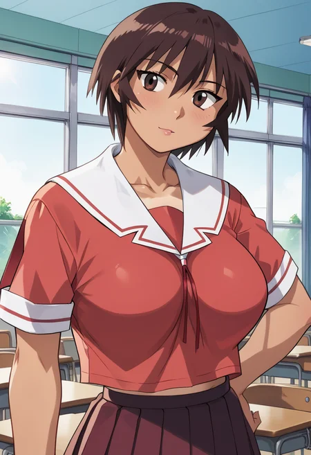 score_9, score_8_up, score_7_up, score_6_up, score_5_up, score_4_up, masterpiece, best quality, BREAK,
1girl, indoors, <lora:Kagura_Pony:1> kagurapony, short hair, brown hair female, tan-skinned female, large breasts, school uniform