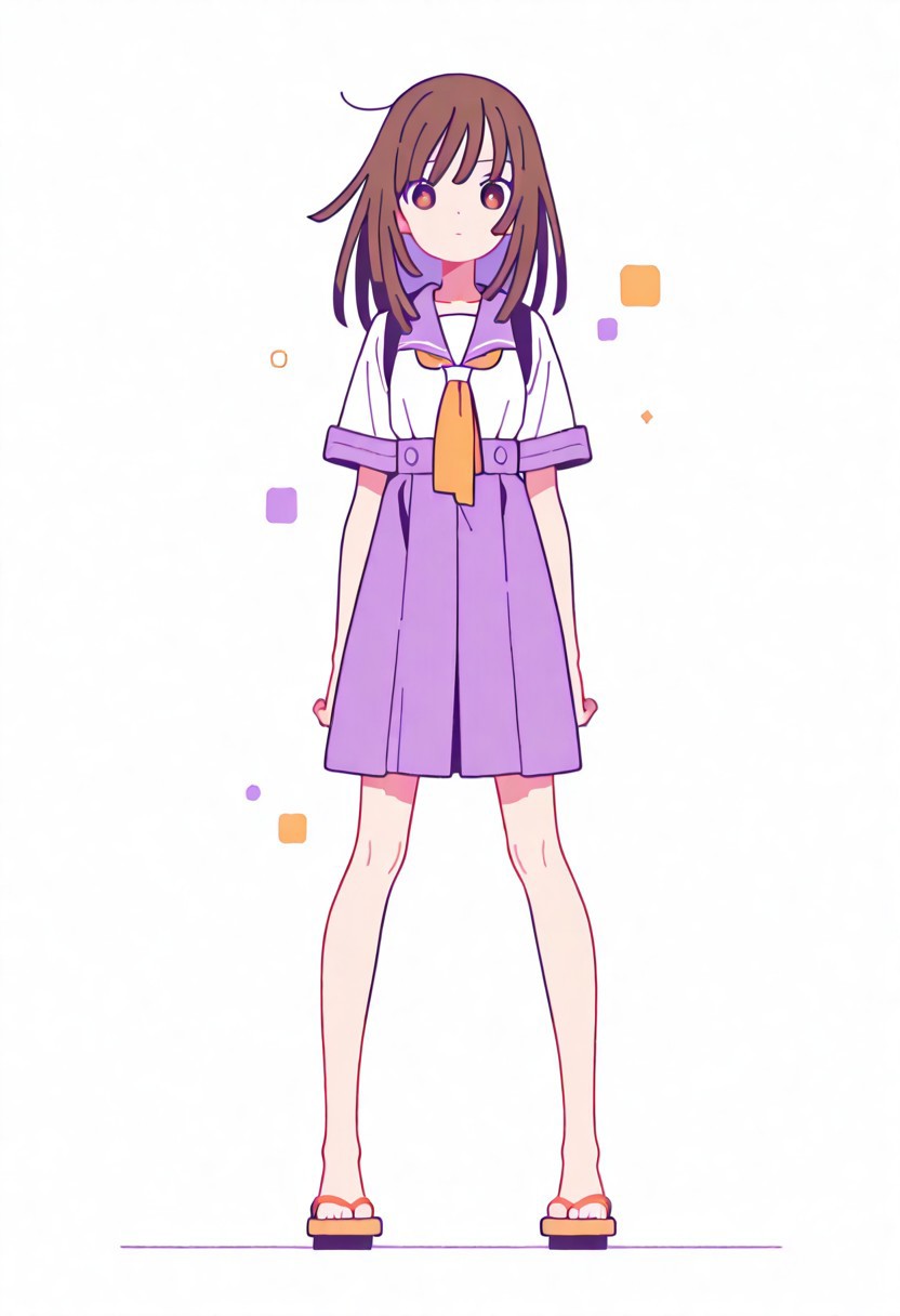 Flatline, Flat vector illustration, looking at viewer, full_body, 
nadeko, long hair, long bangs, brown hair, school_uniform, sailor, 
slim, slender, knees, long legs, beautiful legs, barefoot, geta wooden sandals, 
from front, front view, straight-on, look at viewer, standing, (legs apart:1.4), 
white background,