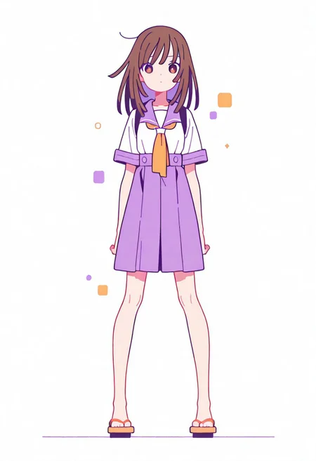 Flatline, Flat vector illustration, looking at viewer, full_body,
nadeko, long hair, long bangs, brown hair, school_uniform, sailor,
slim, slender, knees, long legs, beautiful legs, barefoot, geta wooden sandals,
from front, front view, straight-on, look at viewer, standing, (legs apart:1.4),
white background,