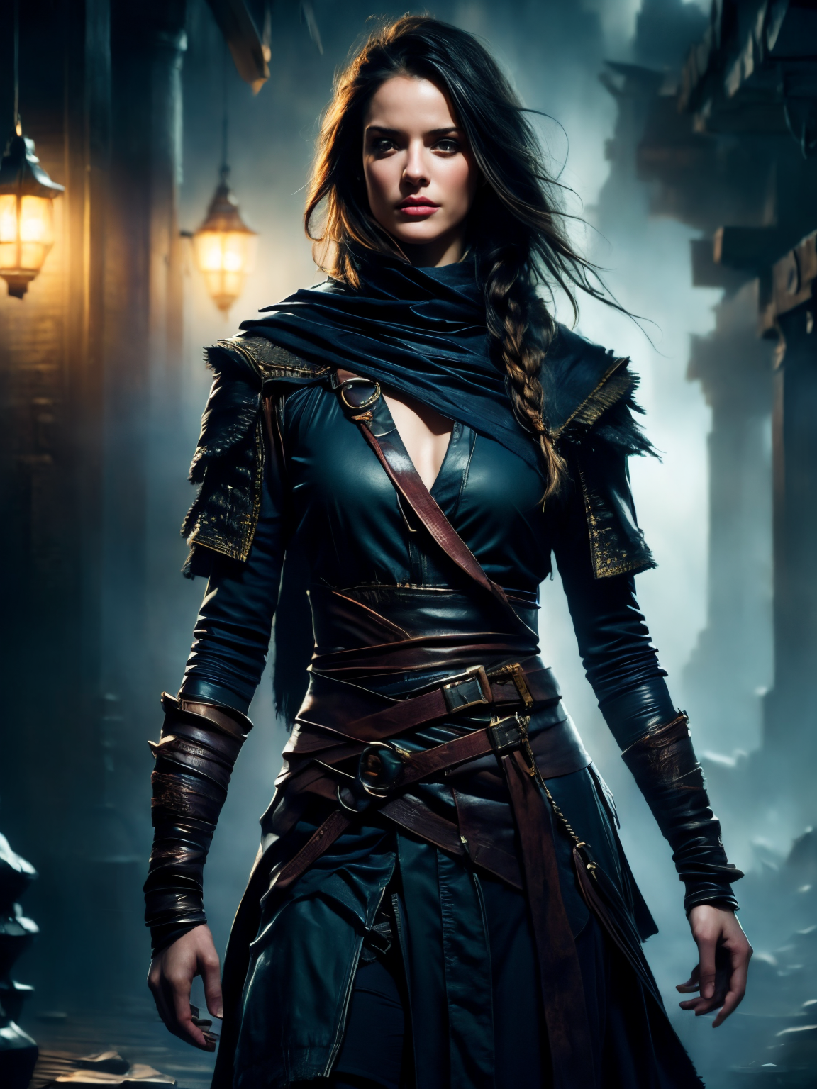 (masterpiece:1.2), (best quality,:1.2), 8k, HDR, ultra detailed, ((photorealistic)), perfect anatomy, professional light, cinematic lighting, fashion photography, ambient lighting, (DarkFantasy:0.6), a male rogue, wild hair, dark clothes, dark armor, FaRo, in Aurora Skybridge, 
<lora:add_detail:1>, FaRo <lora:FantasyRogues:1>,  <lora:FantasyRuins:0.9> FanRu