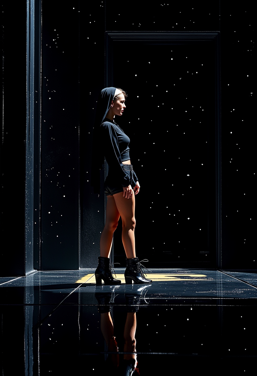 
(Angus McKie Style)
 Endless black space, black mirrored floor. black mirrored wall. close-up, mysticism, , (natural colors), (Aztec style), epic. (The nun is a cheerleader. Short clothes, slender legs, muscular hips, high-heeled shoes. Side view. Bending down, in the dark large door. legs straight.). Exquisite cyberpunk. . dark background with stars. An otherworldly atmosphere. (Depth of field), low saturation,detail. mythp0rt, Stylish, charismatic. HLA, mythp0rt