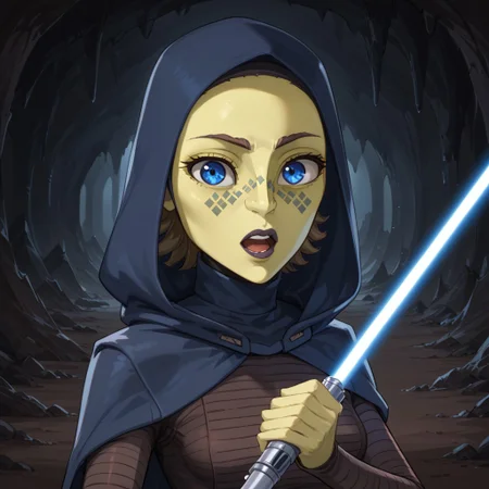 barris-offee, green skin, Mirialan, facial tattoo, star wars clone wars, 1girl, solo, blue eyes, hood, open mouth, alien, colored skin, looking at viewer, makeup, dark background, science fiction, holding, lightsaber, cave, underground
