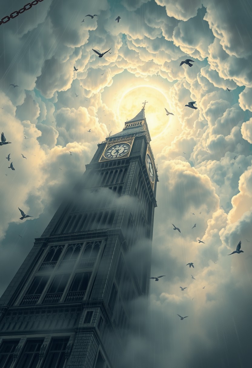 tower that is hanging from the skies, rainy, great reflections, stop motiuon, hanging from a ceiling tower by chains, digital art that is drawn by the award winning painter, chains are totally covered the tower, detailed beautiful calming, from the very below of a huge tower under the busy circular sky and clouds that encircling the tower, the tower itself is very detailed but covered by mist, every floor has windows and balconies that varies from each other. there is a huge clock on the tower, there are crows circling around in the distance, the skies are very detailed, ultra detailed clouds, clouds even at the lower stages of the tower, between the clouds reveals some windows, the painting shows the scale of the tower in full epic majesty, you can barely see the top of the tower because of the stormy clouds, the sunrays trying to pierce the busy skies, storm is brewing. masterpiece art.