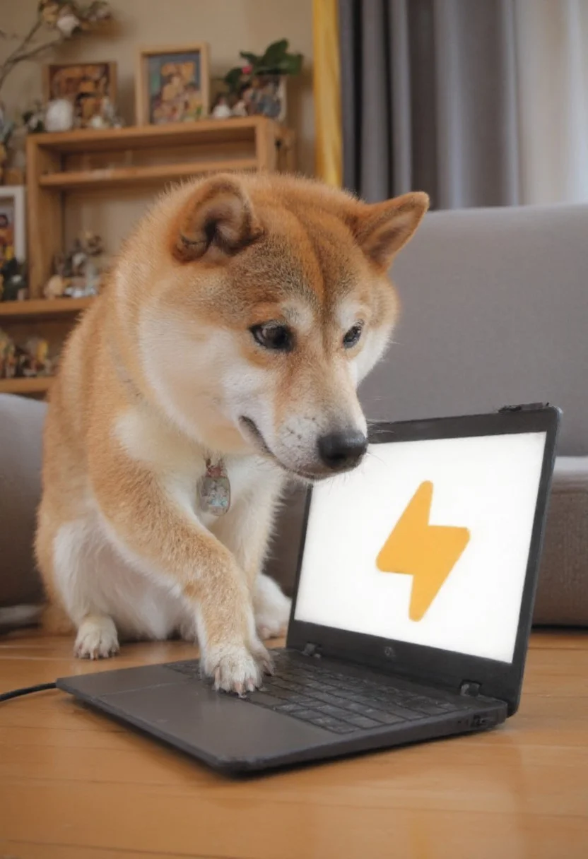 A shiba inu pointing at a laptop with a SuchBuzzLogo. Text on screen "I want this"