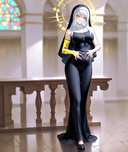 solo, 1girl, tall,  nun, white skin, white hair, full body, yellow eyes, midi dress, standing straight, sleeveless, 
arm_tattoo, yellow tattoo, hands on stomach, seductive smile, 
<lora:Tattoo_enhancement_NOOB_V-PRED1.0_V1:1>
looking at viewer, 
masterpiece, best quality, newest, absurdres, highres
<lora:opnmf:0.8>