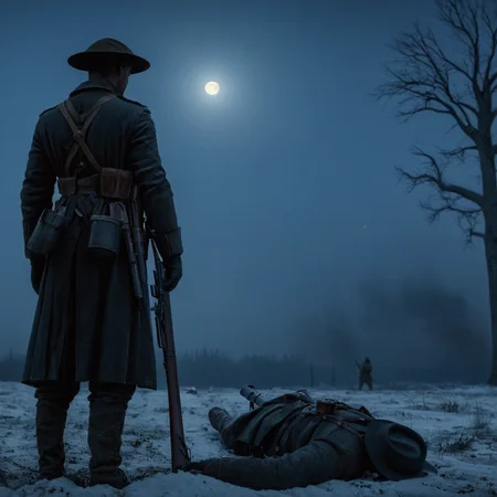 UHD, 4k, ultra detailed, cinematic, a photograph of  <lora:Battlefield ww1 style:1>
a man holding a rifle standing next to a dead man battlefield ww1 style,gloves,hat,holding,weapon,male focus,outdoors,multiple boys,sky,holding weapon,tree,gun,military,blood,night,moon,star (sky),holding gun,night sky,rifle,snow,full moon,bare tree,death,corpse , war, war zone, battle, warrior, soldier, dark themed, cinematic, film look, world war 1, first world war, ww1, military, dramatic light, epic, beautiful lighting, inpsiring